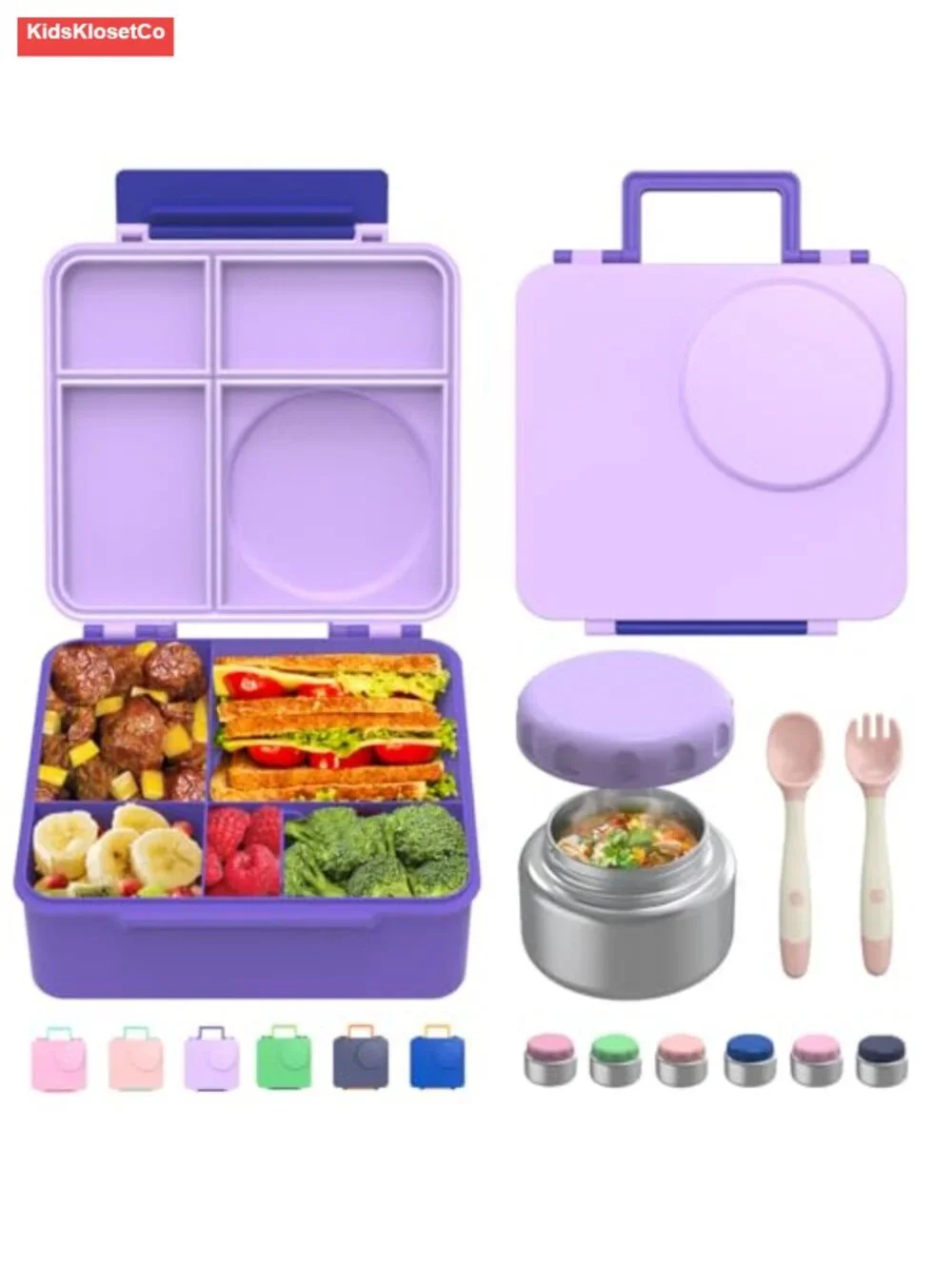 Leak-Proof Kids Bento Lunch Box with Thermo Food Jar, 4 Compartments, Fork &
